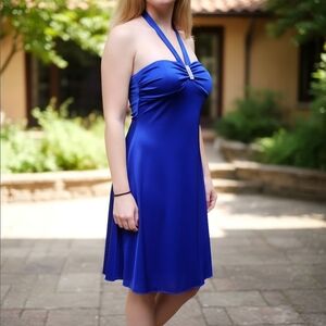 B. Wear Too ✦ Blue Halter Mini Dress ✦ Crystal Accent w/ Satin Glow & Ruffle Hem